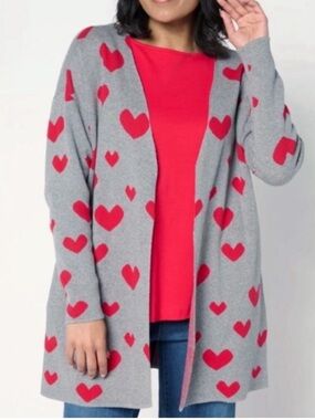 Driftwood Heart Intarsia Cardigan Sweater Gray Red Size Medium